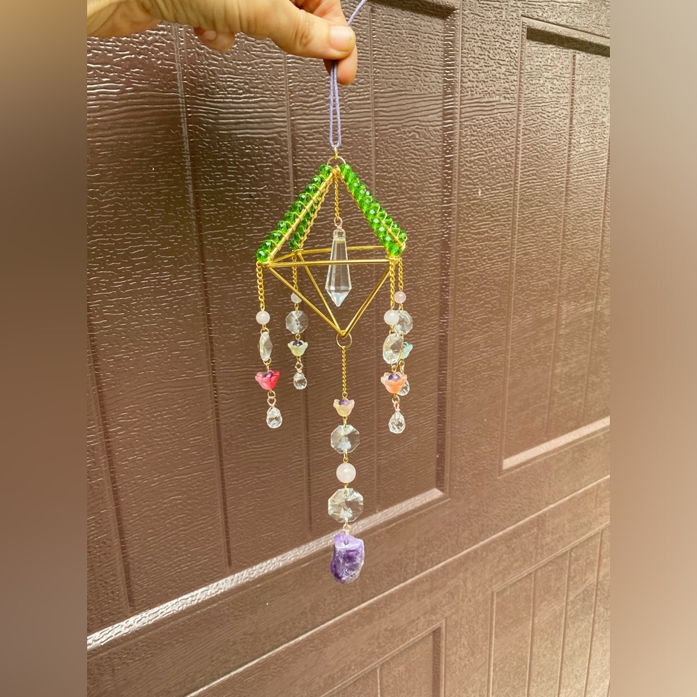 🌸🌿Amethyst Rose Quartz Glass Flower Suncatche